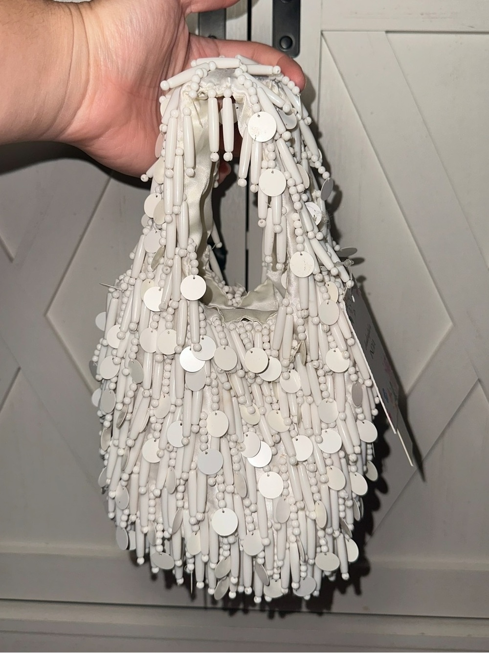 Handcrafted in India Beaded Sequin Mini Tote Bag in White
